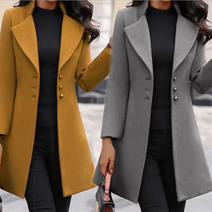 European and American Mid-Length Autumn and Winter Korean Style Lapel Slimming Solid Color Slim Women Woolen Coat Outerwear