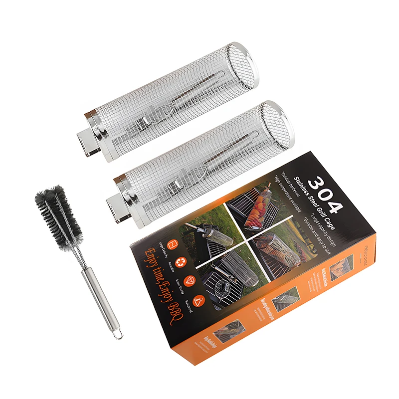 2 Pcs Stainless Steel 304 BBQ Rolling Grill Basket Wire Mesh Net Tube Grilling Metal Barbecue With Brush