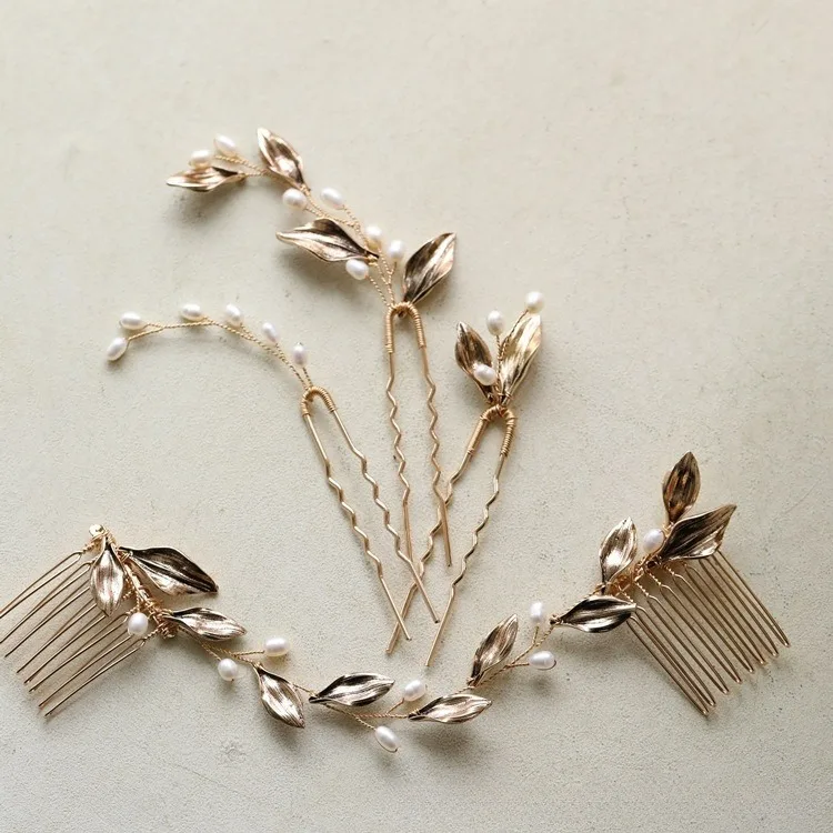 Original design antique style metal leaves freshwater pearl hair comb hair pin bridal headdress wedding accessories