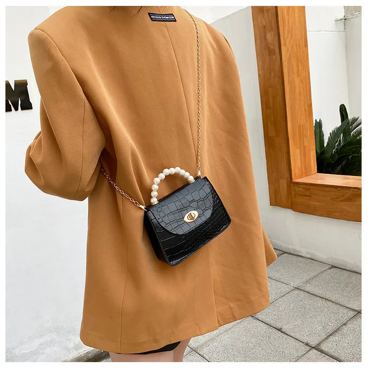 Cheap Wholesale Ladies Pearl Handle Bags Hand Bag PU Leather Women Small Chain Purse Handbag