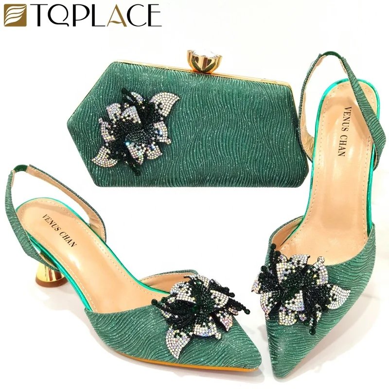 Elegant Elastic Band Shoes and Bag Set with stones African Set Italian  Heel  Ladies Shoes And Matching Purse For Evening Party