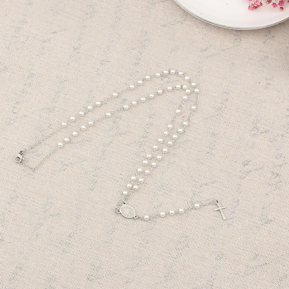 Long Pearl Stainless Steel Virgin Mary Christian Jesus Cross Pendant Divine Mercy Rosary Beads Necklace