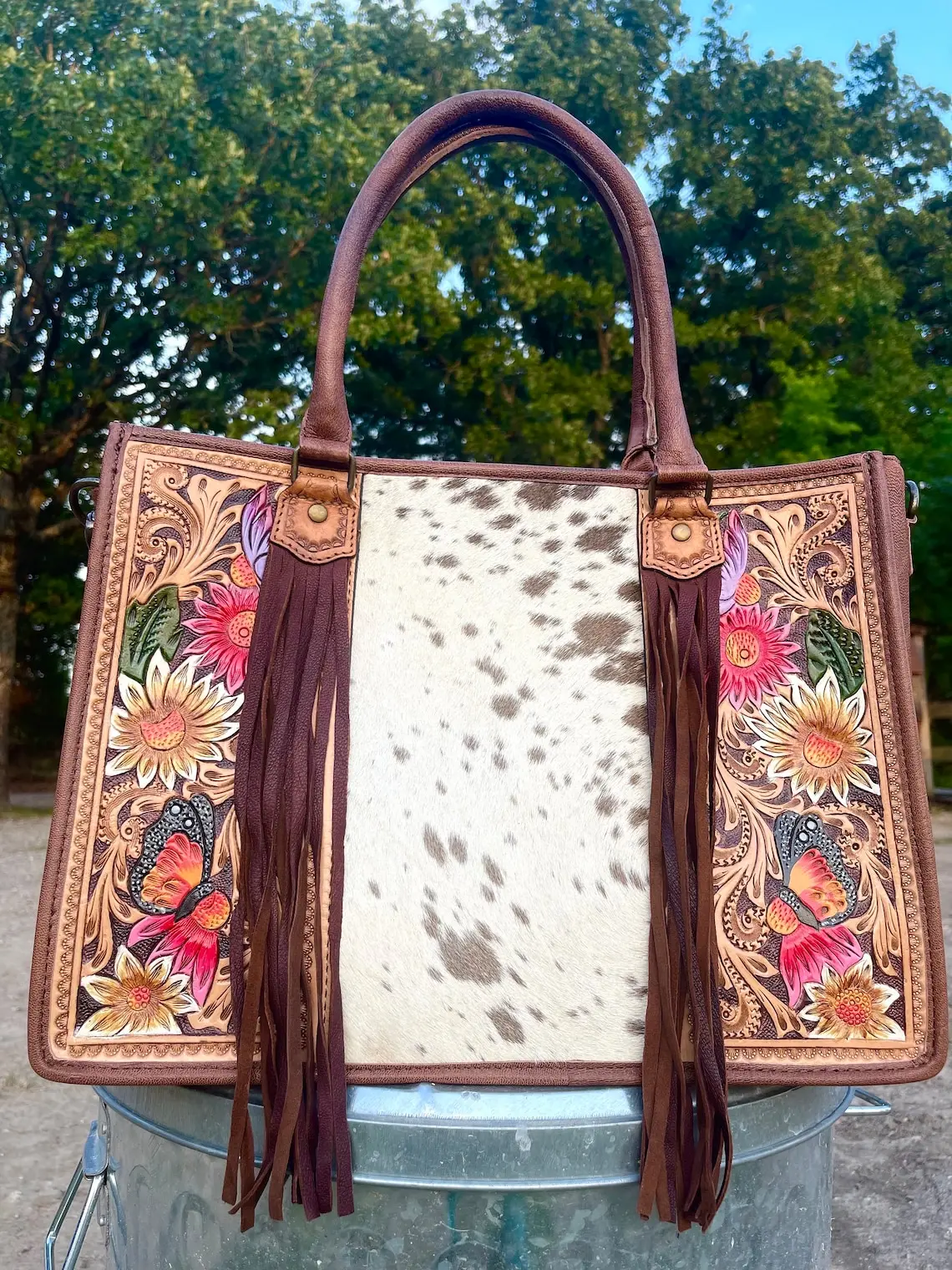 Western Hand Tooled Leather Purse Hair on Cowhide American Darling Western Crossbody Purse Laptop Handbag Wholesale Manufacturer