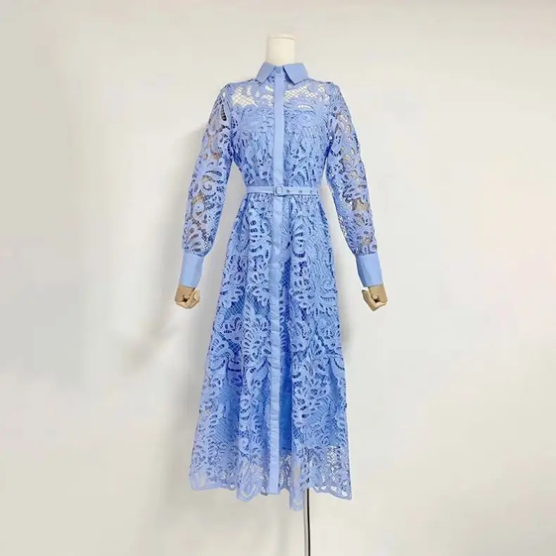 French Artistic Retro Style 2024 Autumn New Lapel Machine Embroidery Hollow-Out Cinched Dress Women