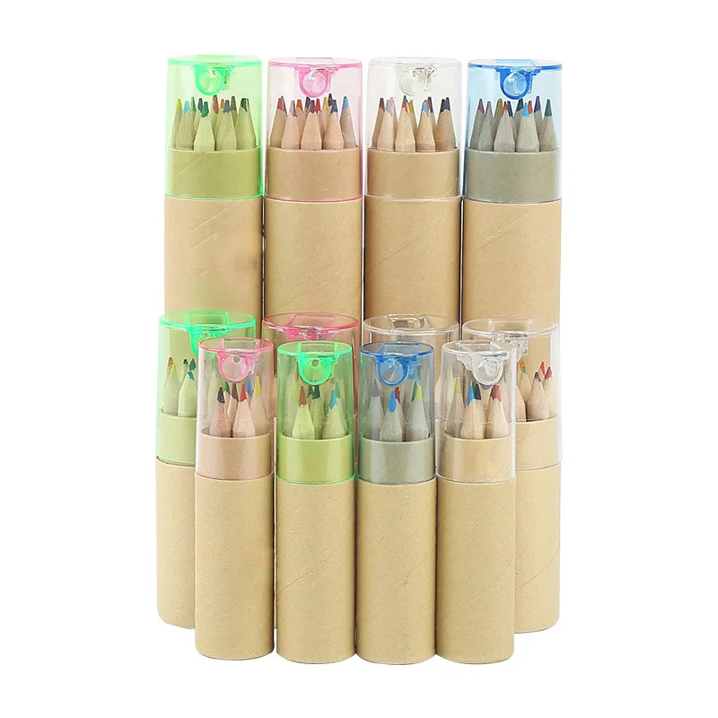 12colors kids color pencil kraft paper tube box set with sharpener child painting drawing