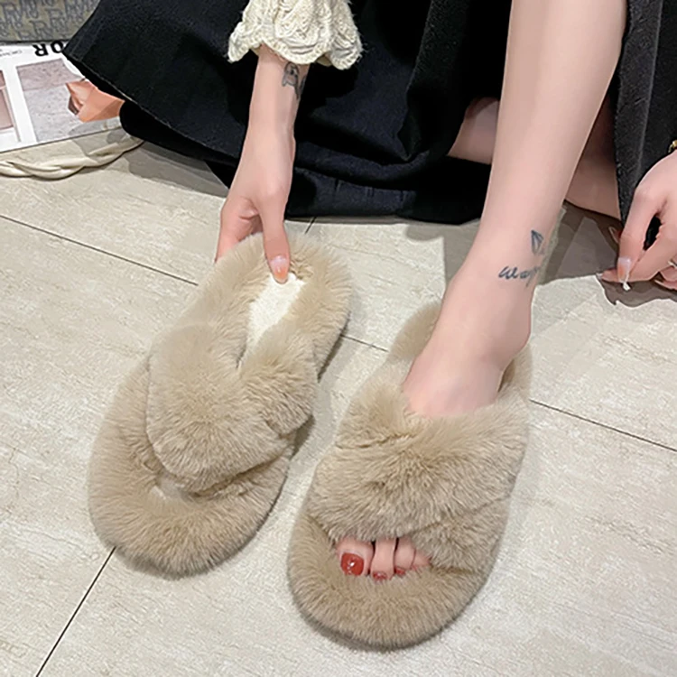 Factory Wholesale Women Fashion Fur Slides Indoor Outdoor Home Fluffy Furry Vegan Fur Slippers