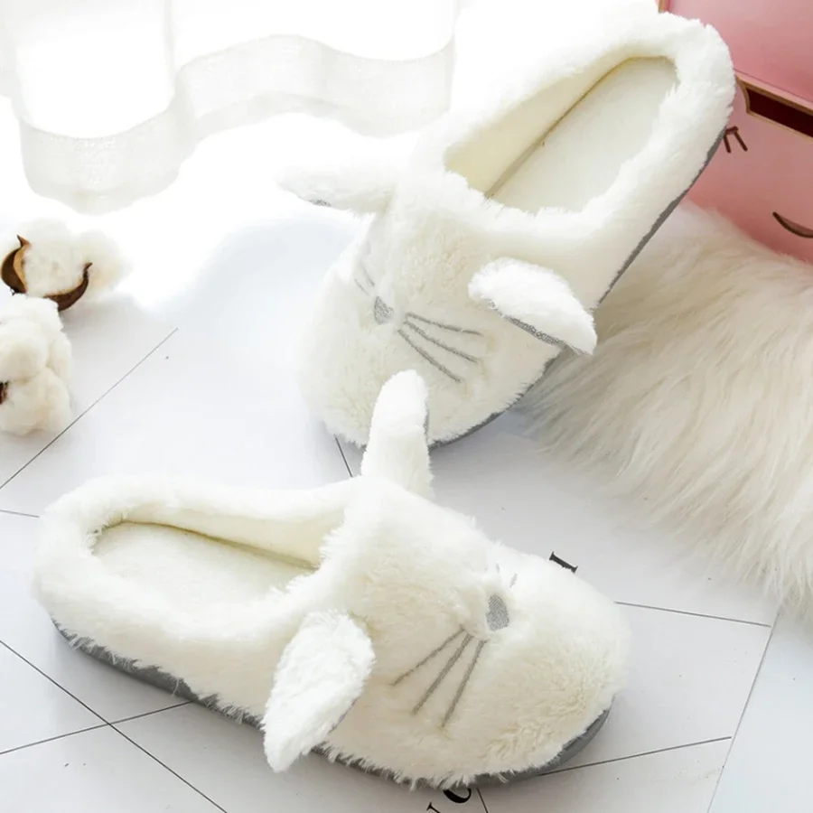 Cute Cat Winter Women Home Slippers For Indoor Bedroom Soft Plush Bottom Slipper Cotton Warm Shoes House Christmas Gift