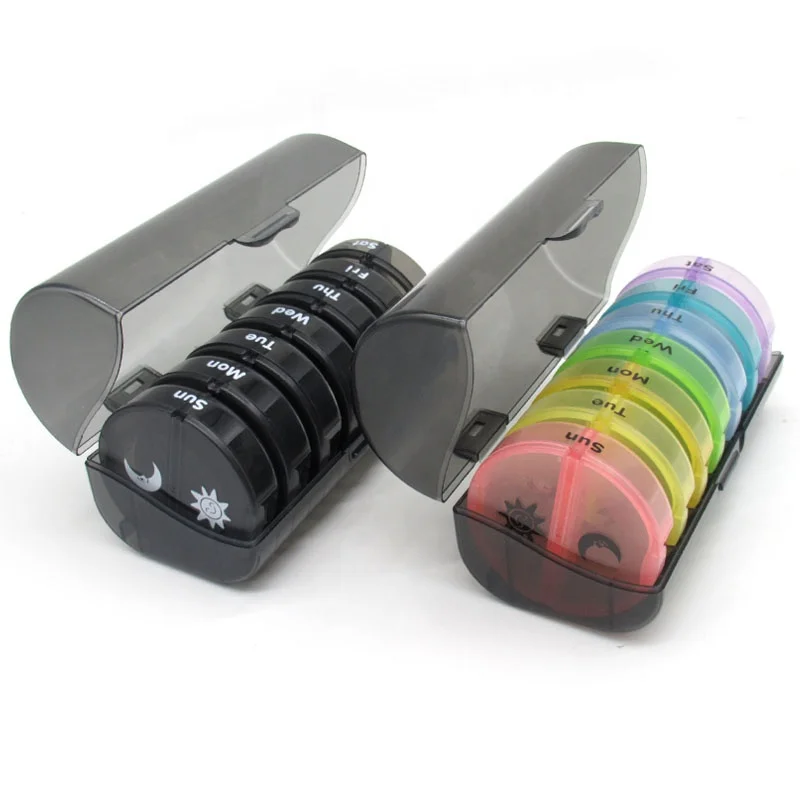 Round Weekly 14 Grids Twice A Day PP Plastic Pill Organizer Medicine Storage Cases Pill Box Factory Price