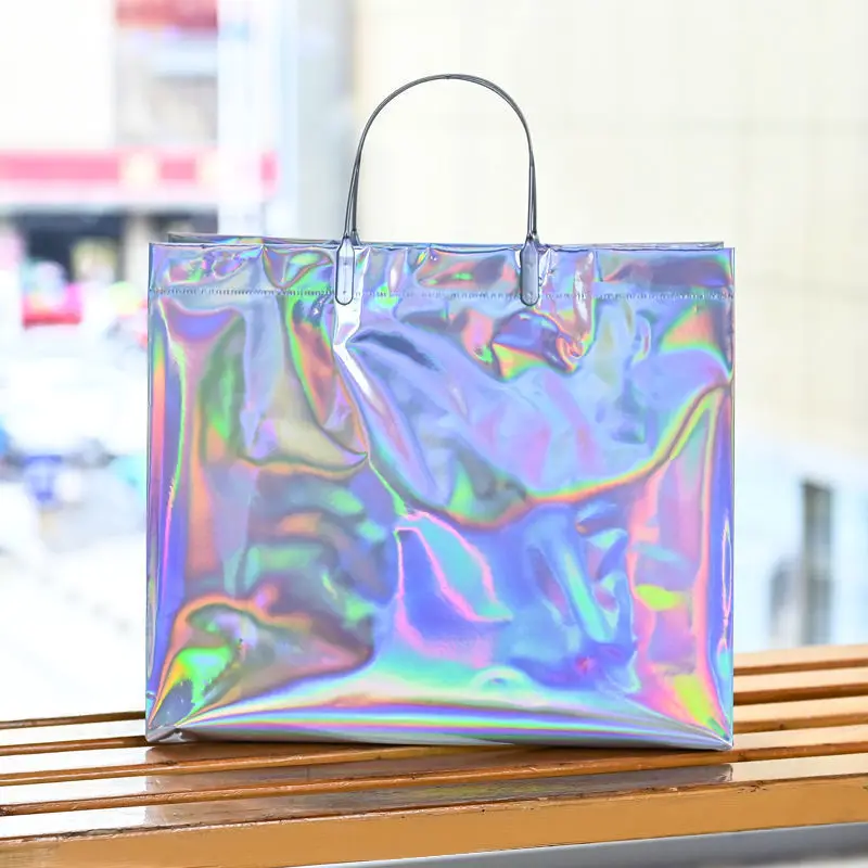 Resealable Pink rainbow Gift Packaging Clear Plastic Waterproof Shopping Handbag Bag Pvc Carry Holographic tote bag with Handle