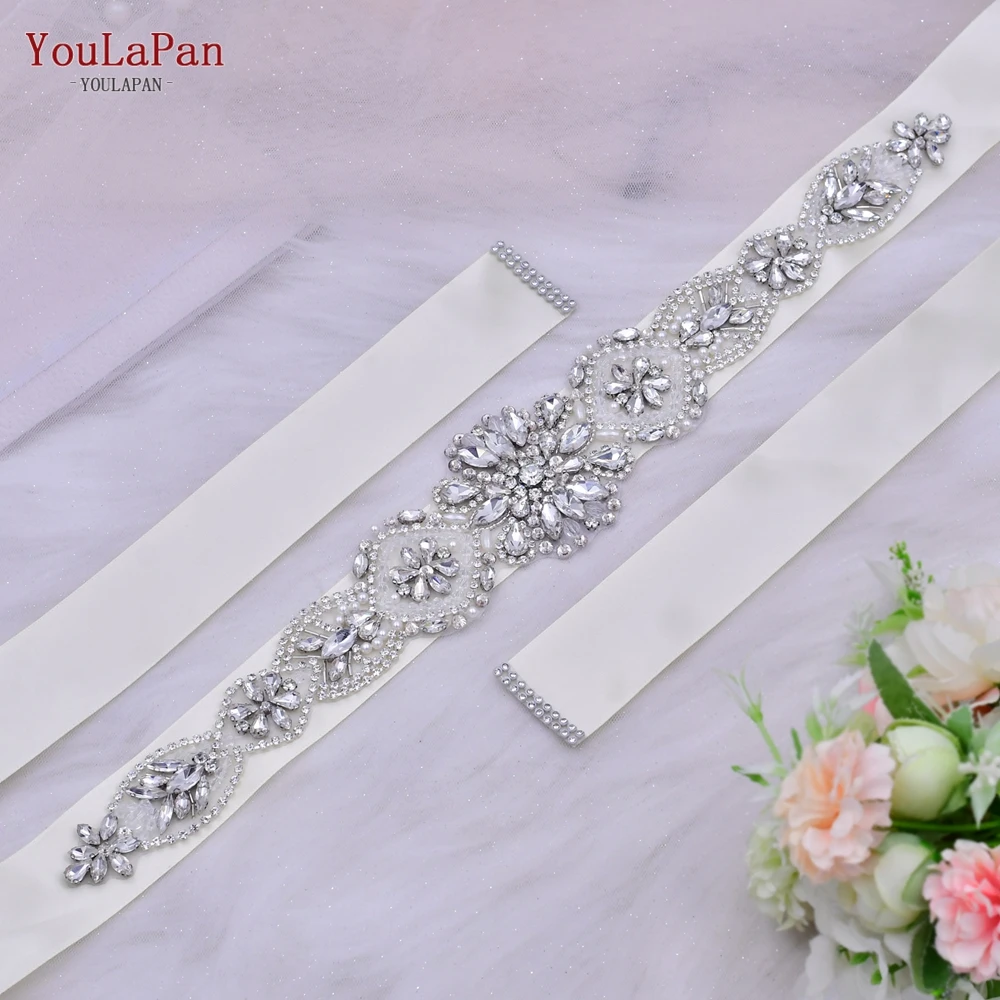 YouLaPan S433 European and American Popular Wedding Belt Silver Rhinestone Crystal Applique Waist Decoration Bridal Ribbon Belt