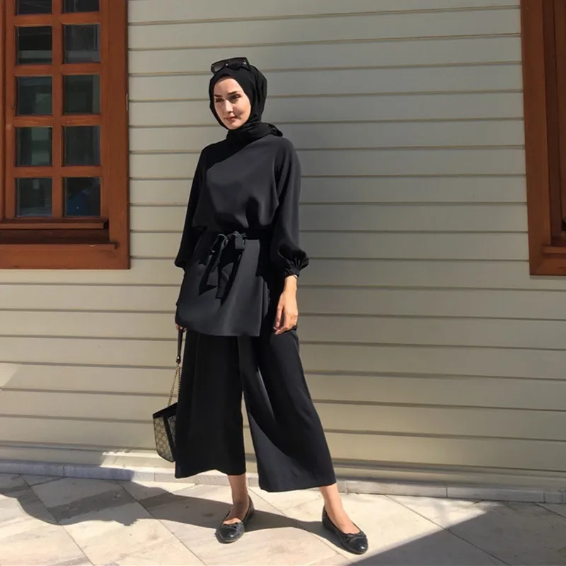 Wholesale Muslim Women Two Pieces Set Plain Solid Fresh Outfit Arab Oman Dubai Middle East Morocco Turkey Suit Set Clothes