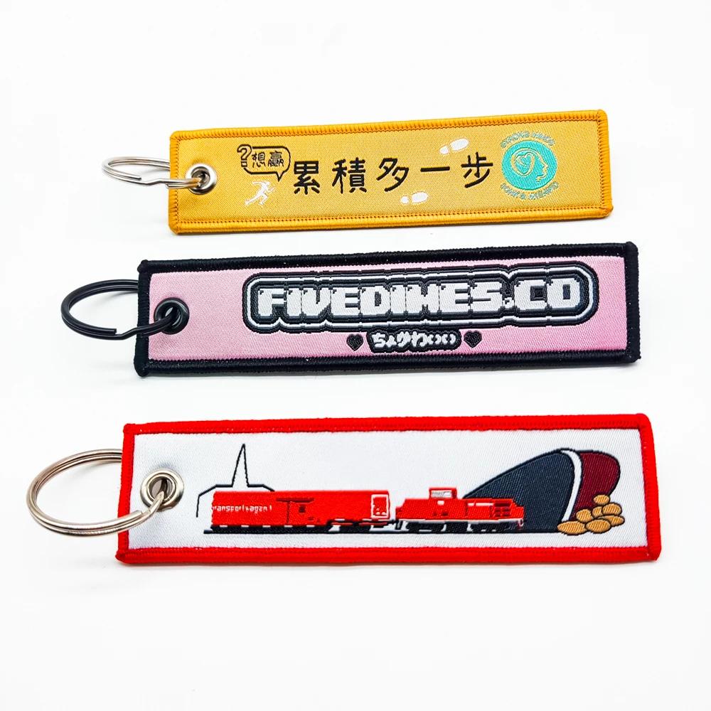 Promotional Gifts Custom Cheap Jet Tag Fabric Embroidery Car Keychains Woven Keychain RFID NFC