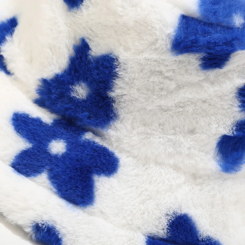 K1913 Winter Flower Bucket Hat Women Fashion Faux Fur Hats Reversible Bob Chapeau Femme Panama Fluffy Fisherman Hat