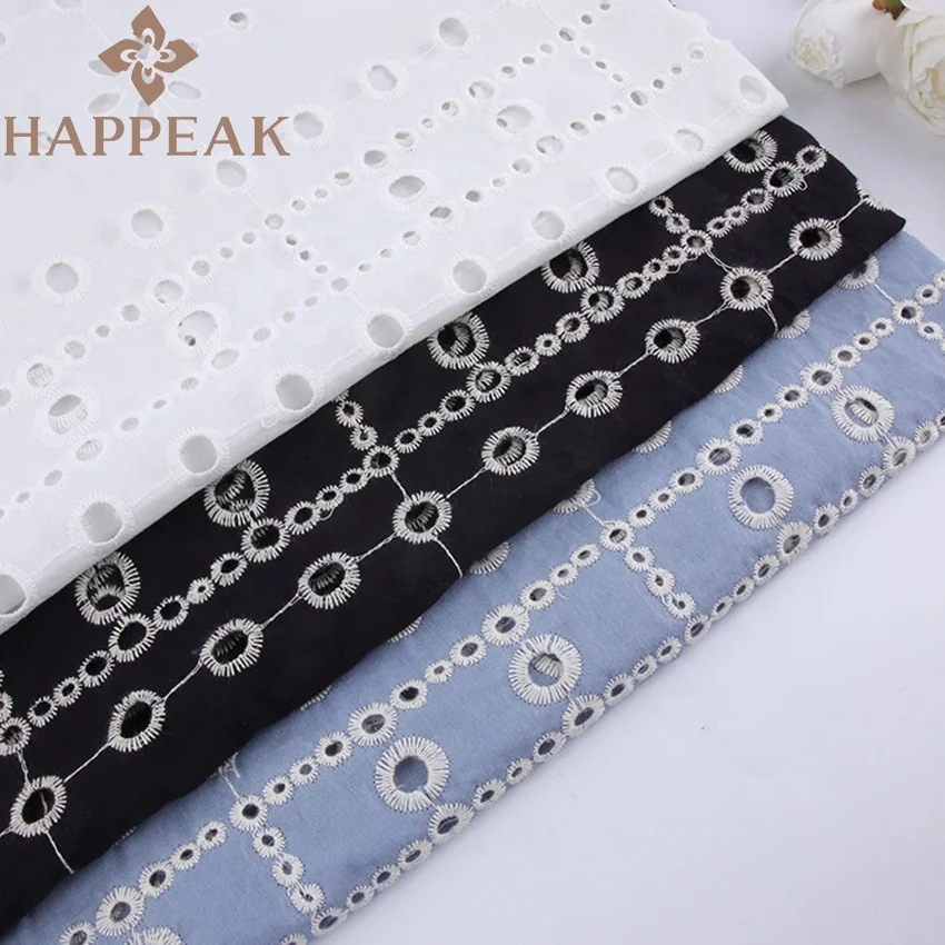 HAPPEAK Hot Sales Dark Blue Embroidered Fabric Hollow Eyelet White Embroidery 100% Cotton Fabric For Clothing