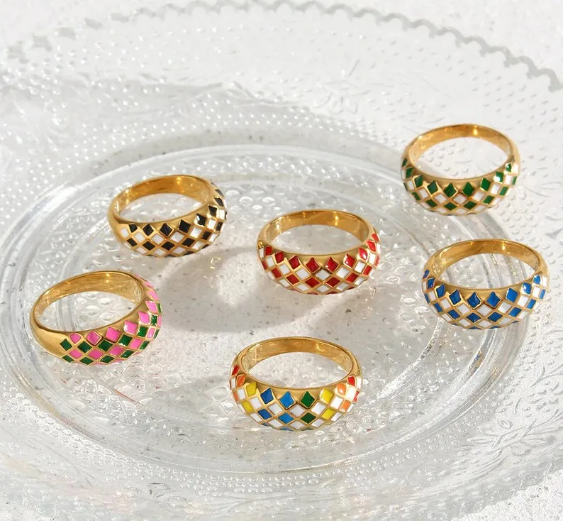 New Design Stainless Steel Colorful Rhombus Ring,18k Gold Waterproof Dome Chunky Ring