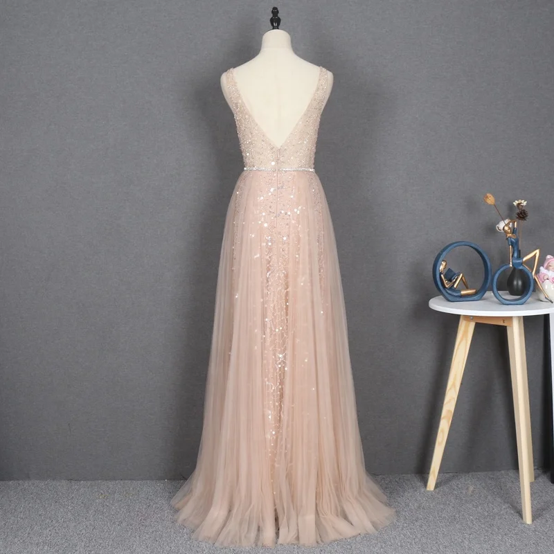 High-end evening dress Heavy beaded flowers  champagne a line tulle fairy  prom dress wholesales