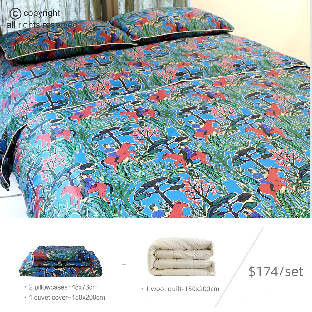 A combination of 100% Cotton Digital Printing 3pcs Bed Sheets Duvet Cover Pillowcases and wool filling comforter quilt for kids