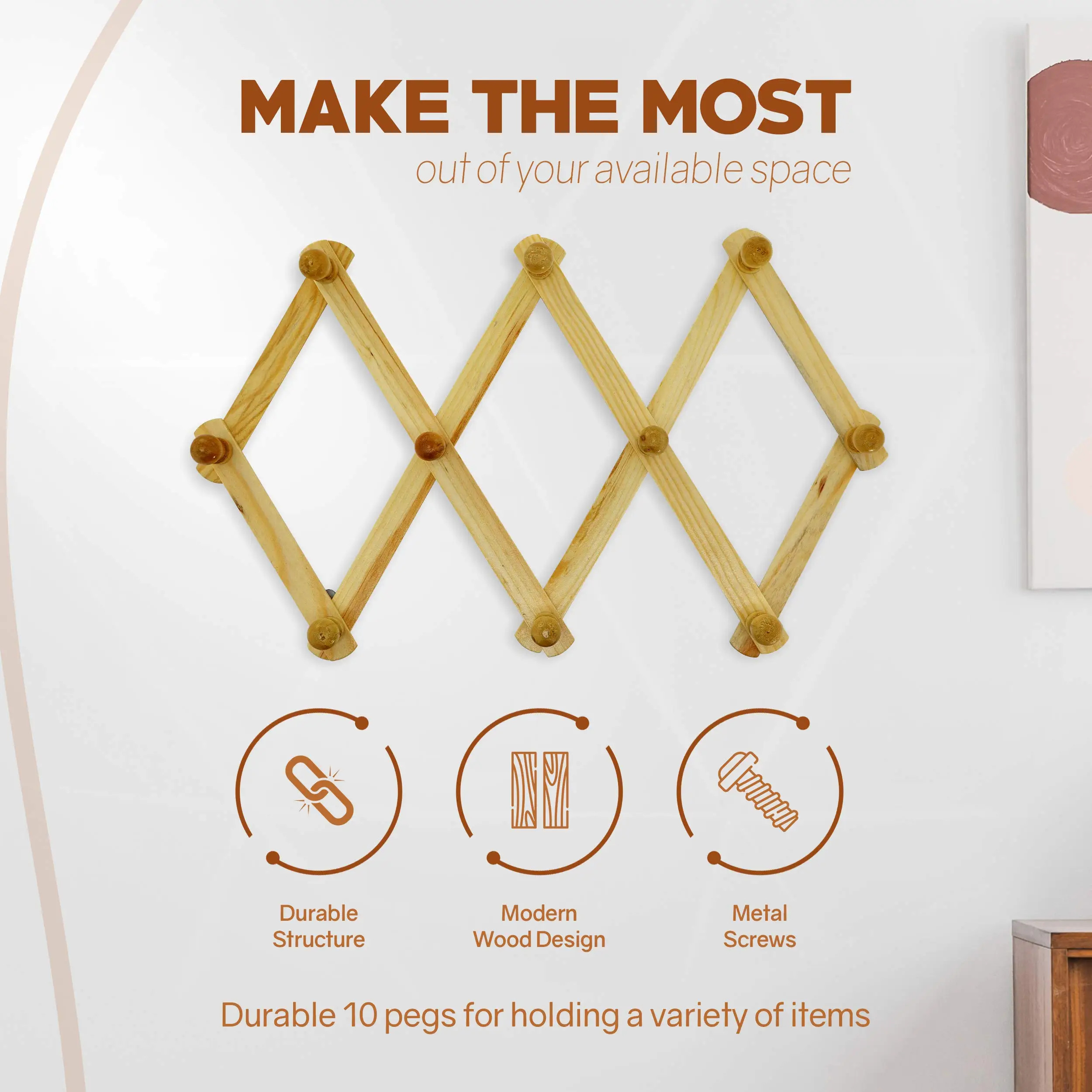 Accordion Style Wood Expandable Rack Hat Cap Belt Umbrella Coffee Mug Wall Wooden Pegs