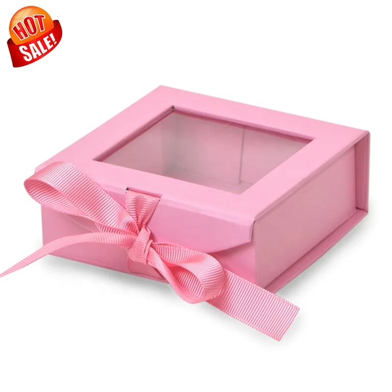 Custom design pink gift box with clear pvc window factory direct sale box for gift with ribbon