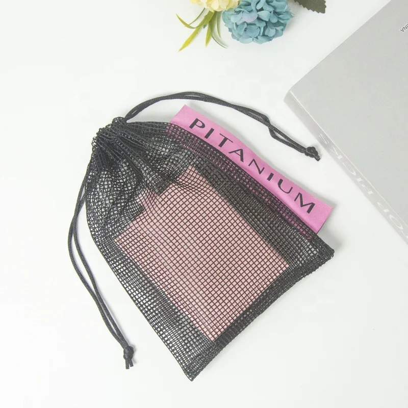 Custom Label Black Reusable Mesh Bag With Drawstring Packaging Vegetable Fruit