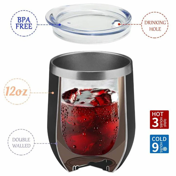 Amazon top seller 12oz stainless steel custom logo wine tumbler insulated egg shape mugs wine glass with lids