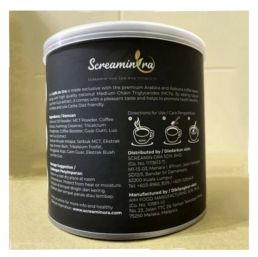 Rich and Premium Coconut oil powder Instant Caffe de Ora Coffee Premix No Added Sugar with Halal Cert