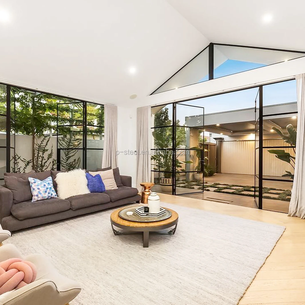 Crittal double glazed tempered glass matte black powder coated steel doors and windows with grill design