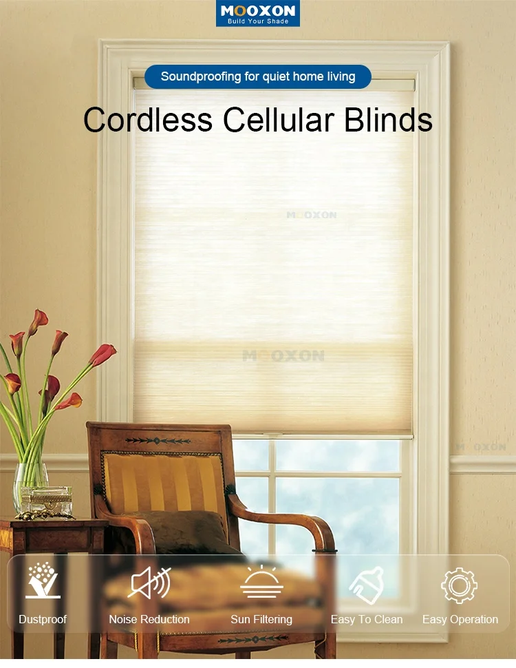 Mooxon Safety Aluminium Indoor Outdoor Venetian Louvre Blackout Horizontal Window Cordless Cellular Roller Blinds for Interior