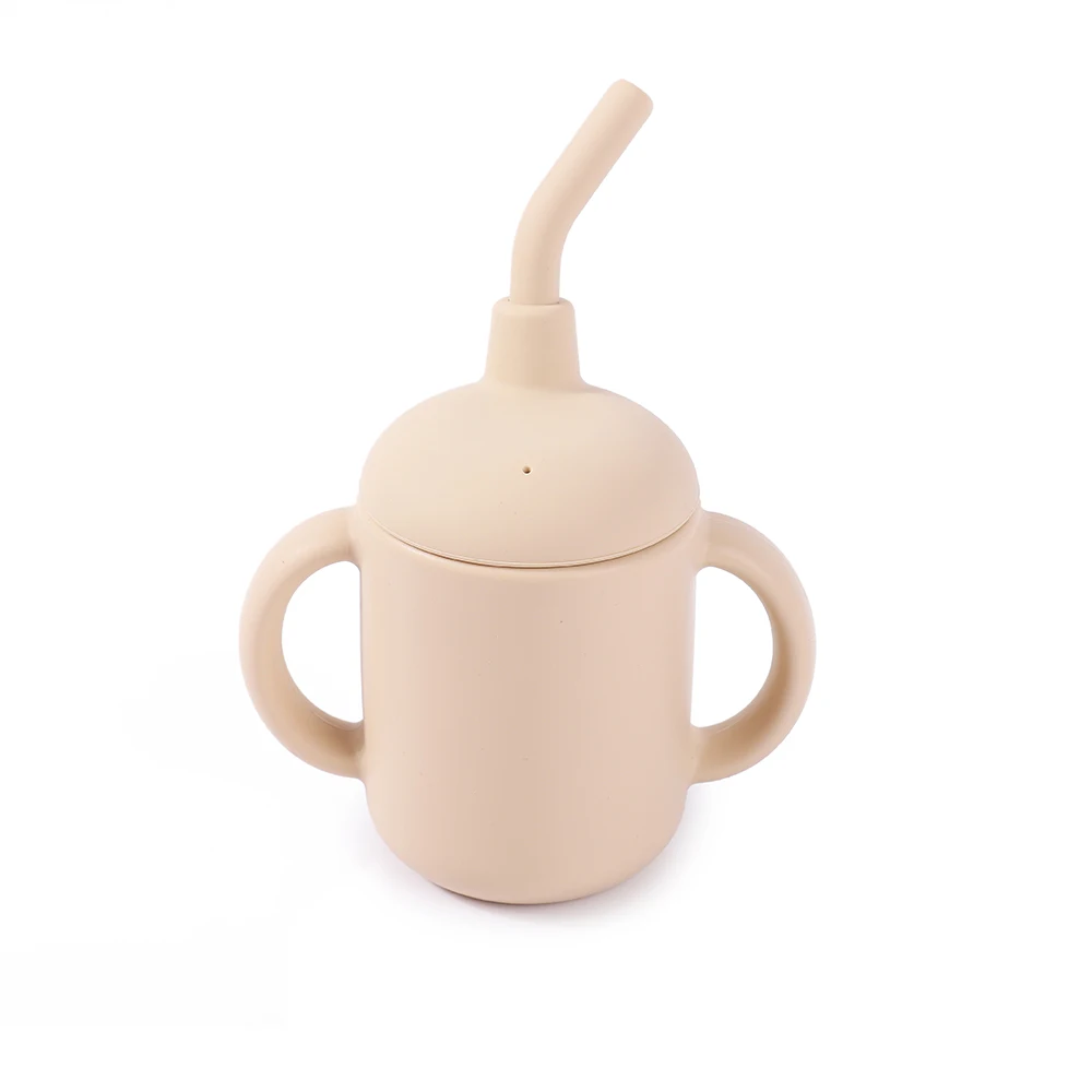 Детские Силиконовые чашки для питья воды с двумя ручками, Детская силиконовая соломинка, чашка с крышкой и унцией для малышей