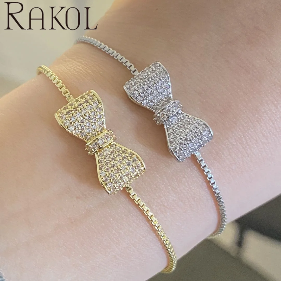 RAKOL BP2034 New Fashion real 18k gold plated AAA zircon bowknot bridal wedding charm bracelet jewelry for women free shipping