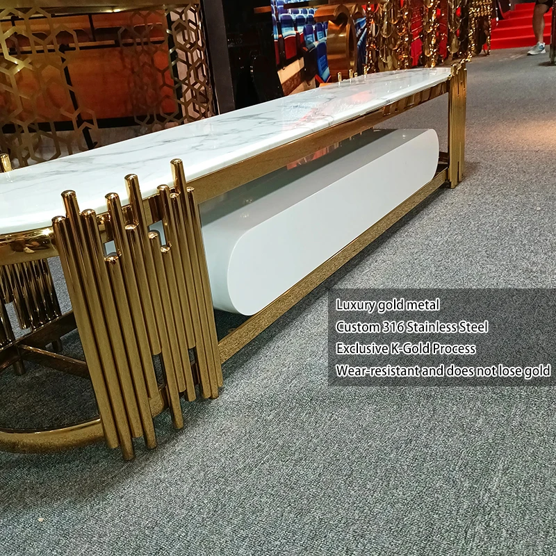 Custom royal art deco designs living room long white gold drawers marble tv cabinet modern luxury