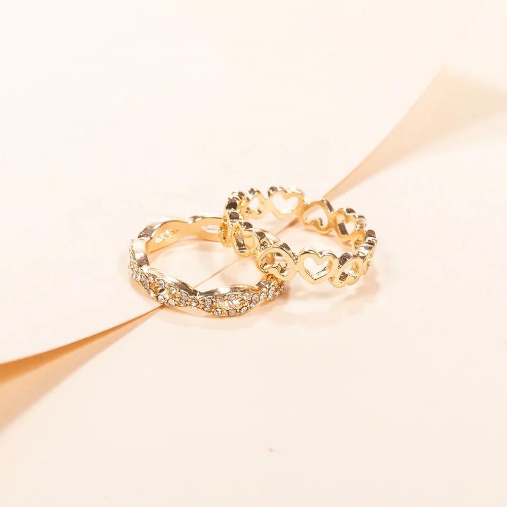 2021 Fashion new 14k 18k gold plated cute metal heart and pave rhinestone delicate set rings for women