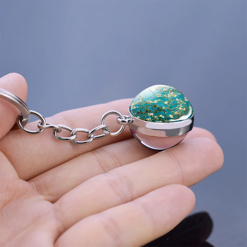 Van Gogh Famous Oil Painting Trinket Sunflowers Starry Night Double Side Keychain Glass Ball Keyring Pendant Key Holder