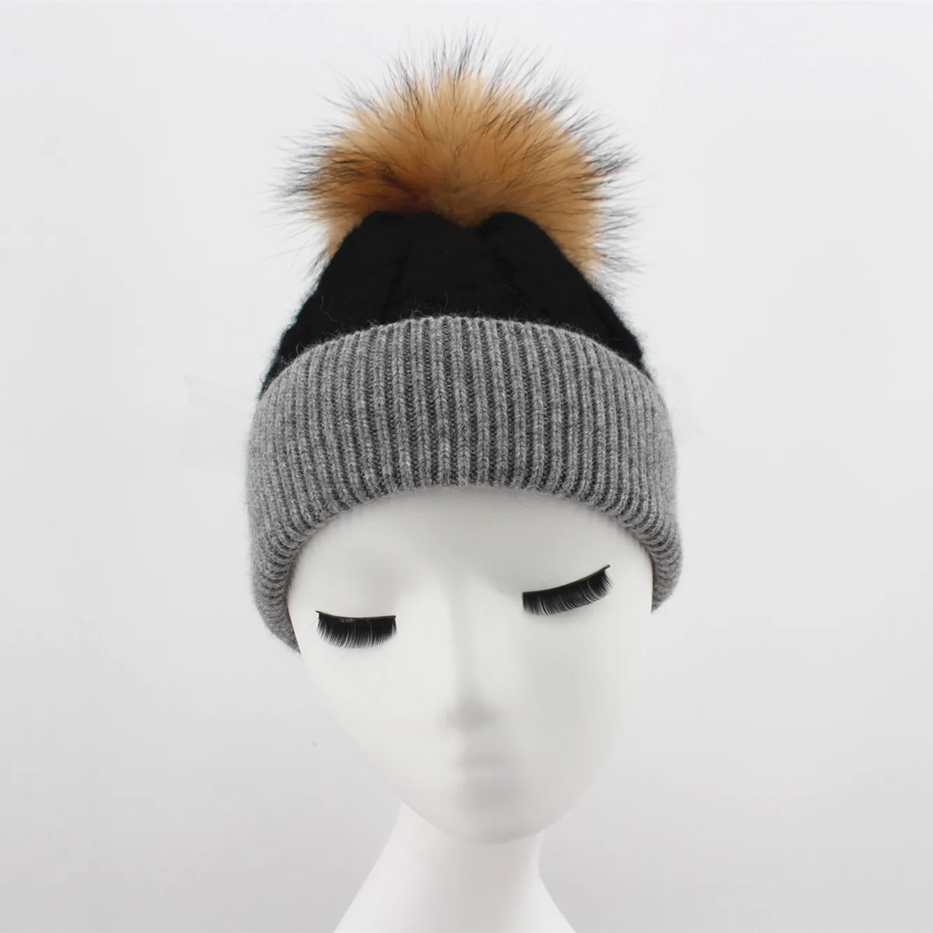 2024 latest women angora wool hat custom winter beanie hat with raccoon fur ball