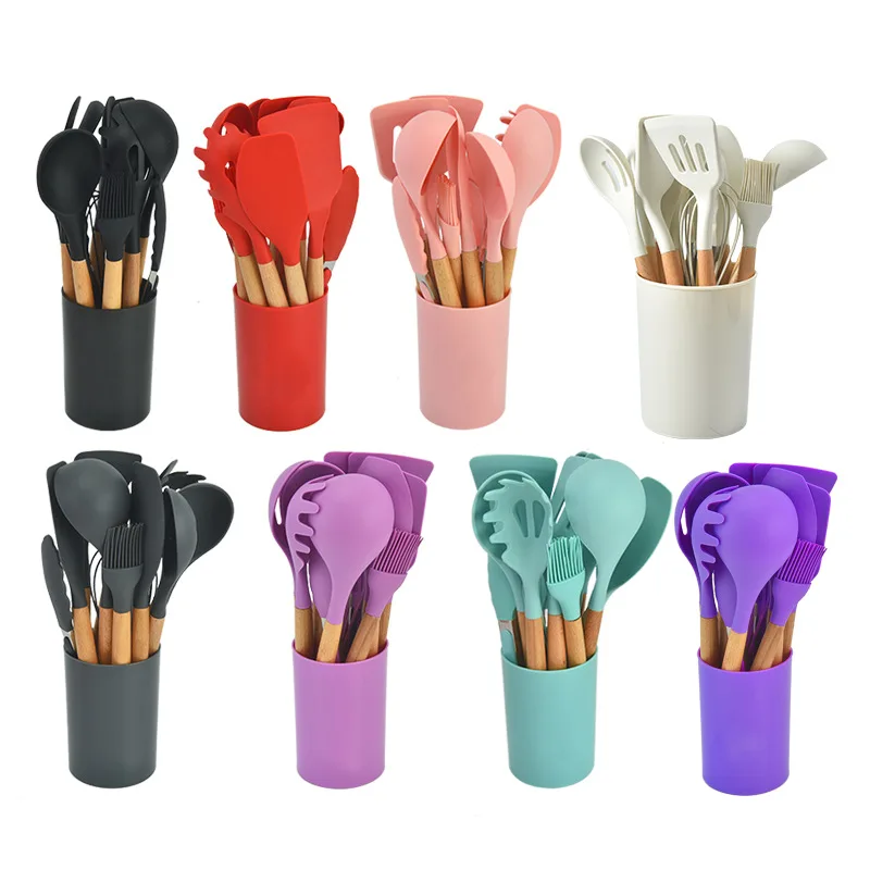 Custom 12 Pcs set silicone kitchenware accessories cooking tools set spatula stirring kitchen utensils Wooden Handle