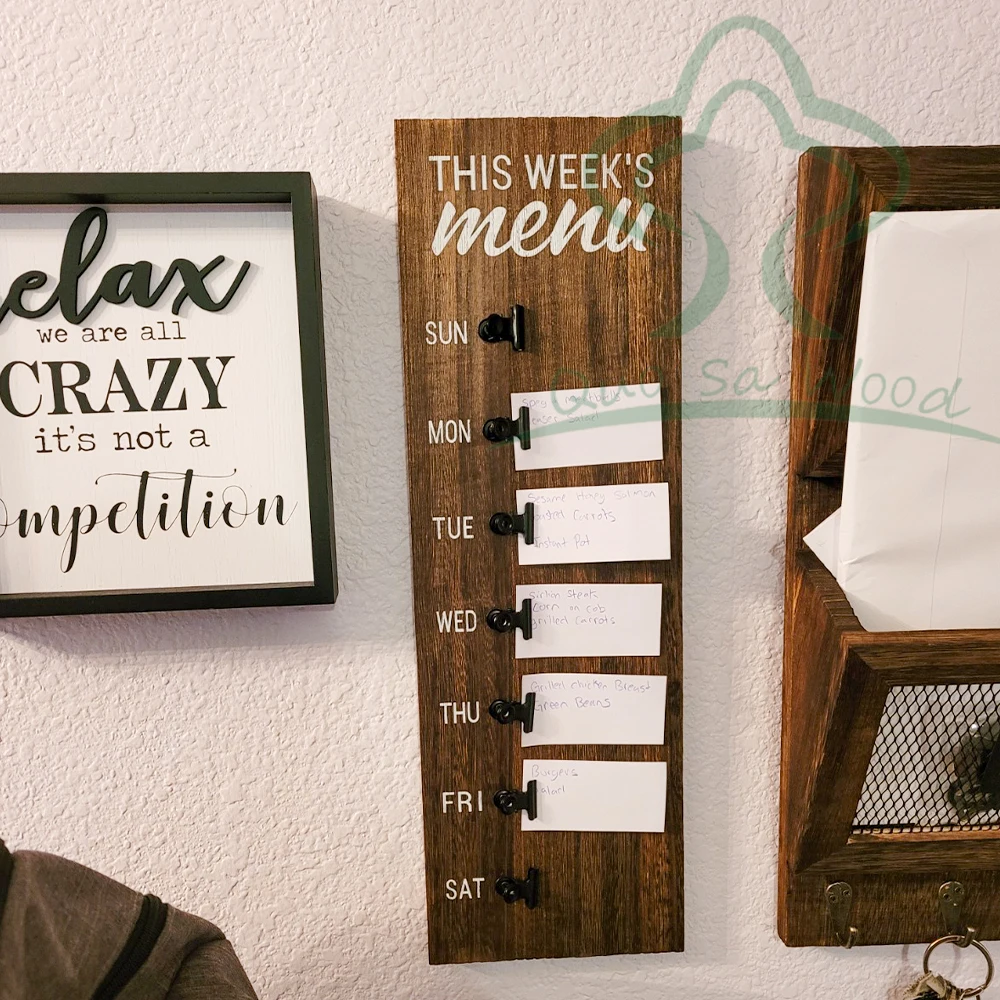 Rustic Menu Planner Wood Sign with Clips and Mini Sticky Note Vintage Farmhouse Kitchen Refrigerator Chalkboard Magnet Display