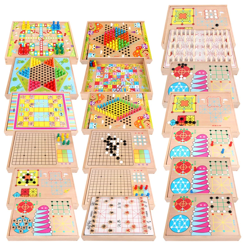 Hot Sale Classic Wooden Educational 2 in 1 Board Game Animal Flight Checkers Chess Game Board for Kids