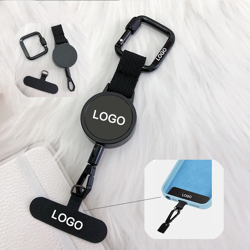 Custom logo Mult Function Lanyard Retractable Badge Reel Carabiner keychain with Stainless Cable Key Holder hook loop for phone