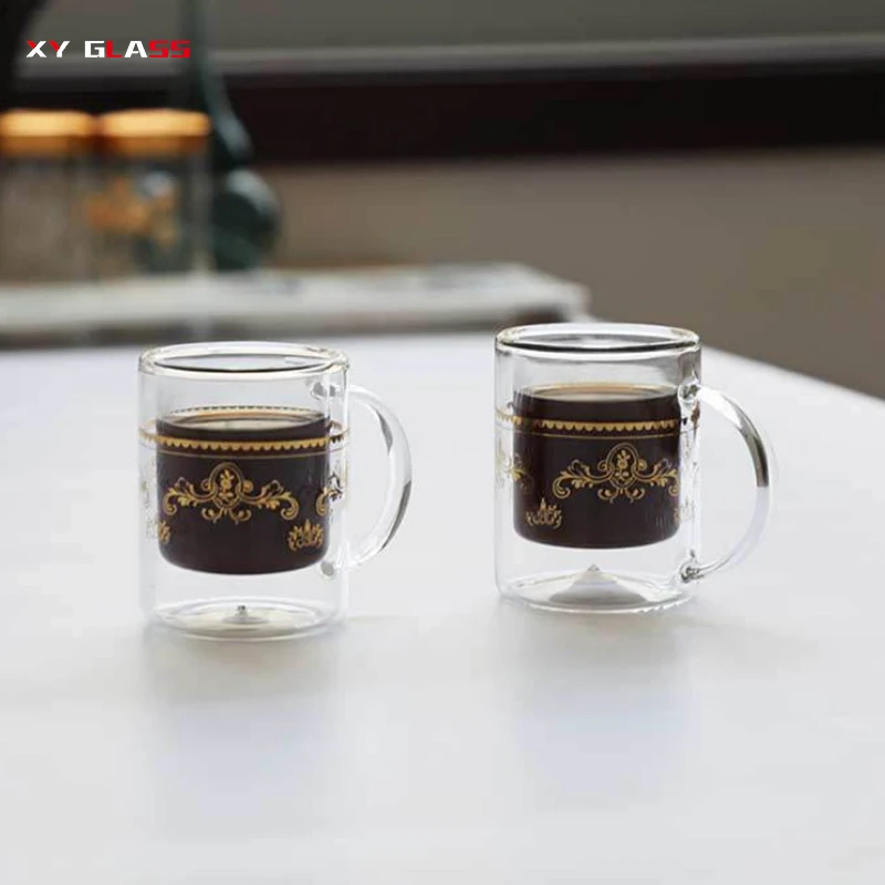 custom golden logo handmade double wall thermo glass coffee beverage tea mug