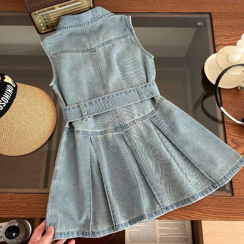 Boutique Summer Denim Cotton Baby Dresses Sleeveless Casual  Baby Girls Denim Dresses Visible Pockets Casual Dresses