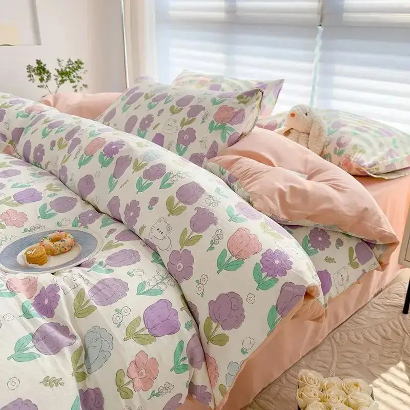 Printed Linen Double Yarn Fabric Home Linen Bed Sheet Beautiful Colorful Satin Polyester Hotel Bedding Set For Girls