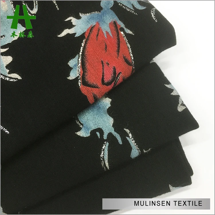 Mulinsen Textile Rayon Spandex Discharge Viscose Print Fabric with Hot Stamping