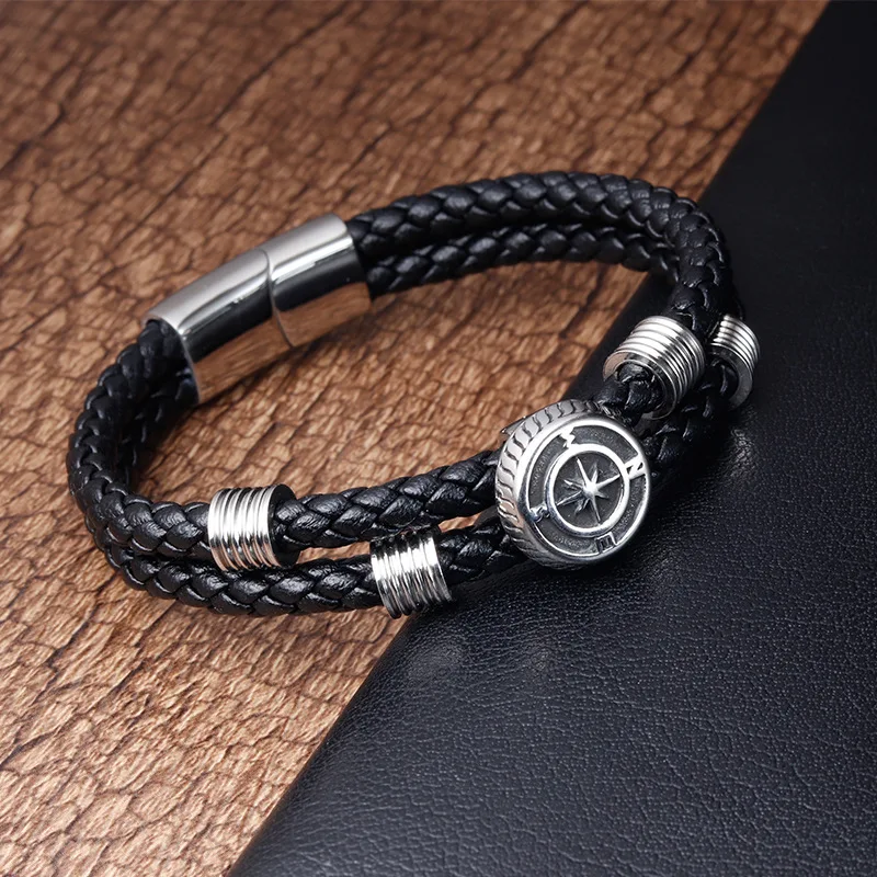 Fashion men jewelry bracelets stainless steel braided genuine leather bracelets anti tarnish custom