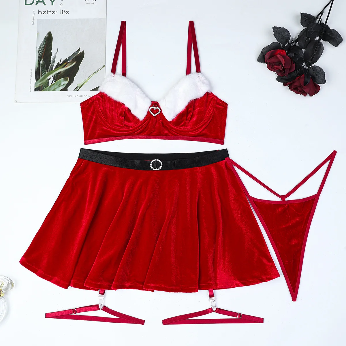 Chuangerm Spot 2024 New Fashion Christmas Style New Year Lingerie Velvet Premium Quality Red Dress Up Lingerie Women