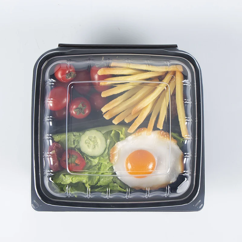 Double Color Pro-View 3 Compartment Anti Fog 9 Inch  Heavy Duty PP Clamshell Container With Clear Vented Lid And Black Base