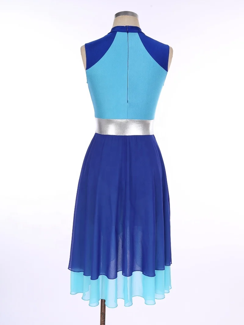 Newest Womens Color Block Mock Neck Split Asymmetrical Hem Dancewear Dresses Sleeveless Dance Dress