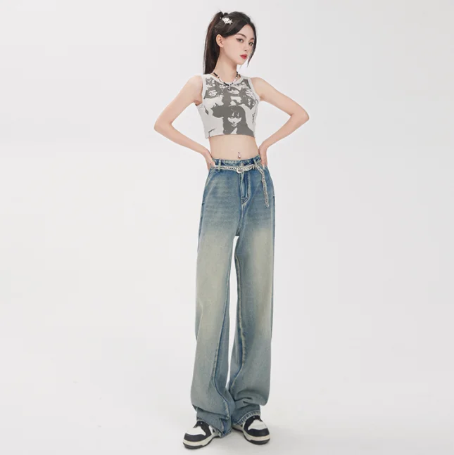 High quality women loose straight jeans Early Spring American VIBE denim trousers Trend Cool Hot Girl Retro Wide Leg Jeans
