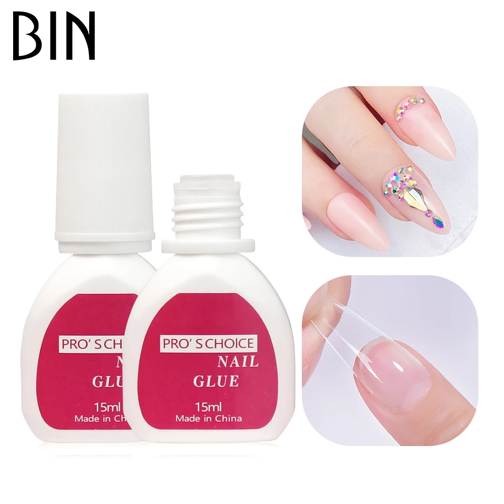 BIN Brush on pink Nail Glue for Artificial Fingernails Tips Strong Adhesive Acrylic False Tip 15 ML