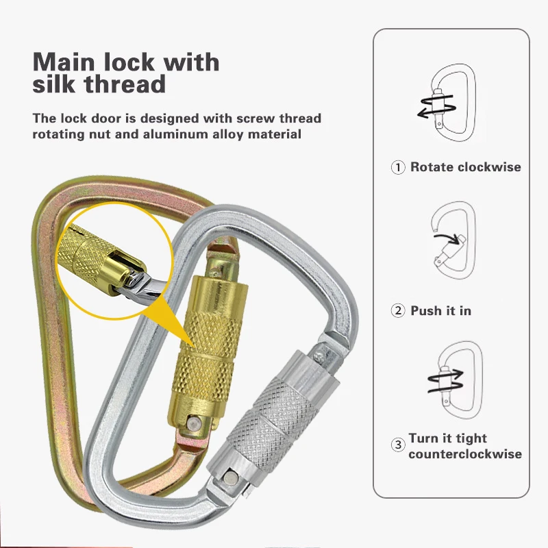 JENSAN Custom High Quality Heavy Duty 30kN Steel Locking D shaped Safety Carabiner Hook For Fall Protection