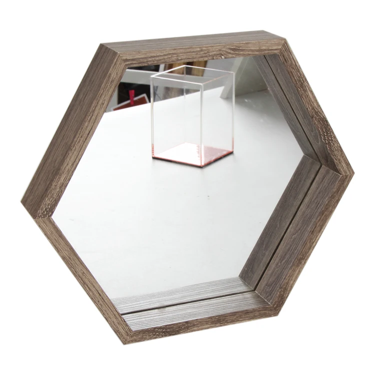 Decorative Wooden Hexagon Shelves Antique brass Color Black Glass Wall Mounted Mirror in High quality
